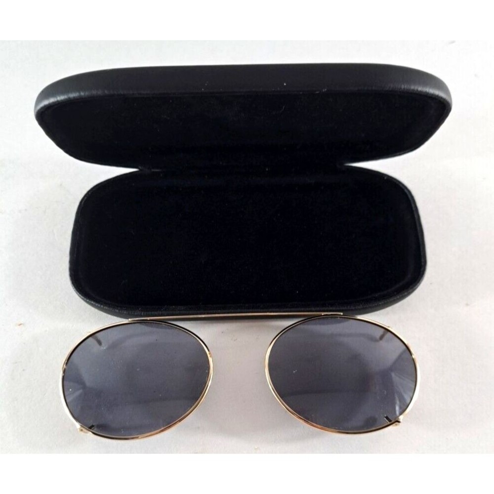 Vintage Clip On Sunglasses Oval Gold Tone Metal Frames Smoky Gray Lens W Case